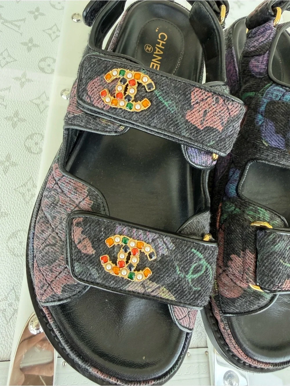 CHANEL 🖤 Interlocking CC Multicolor Denim Dad Sandals Sz 36